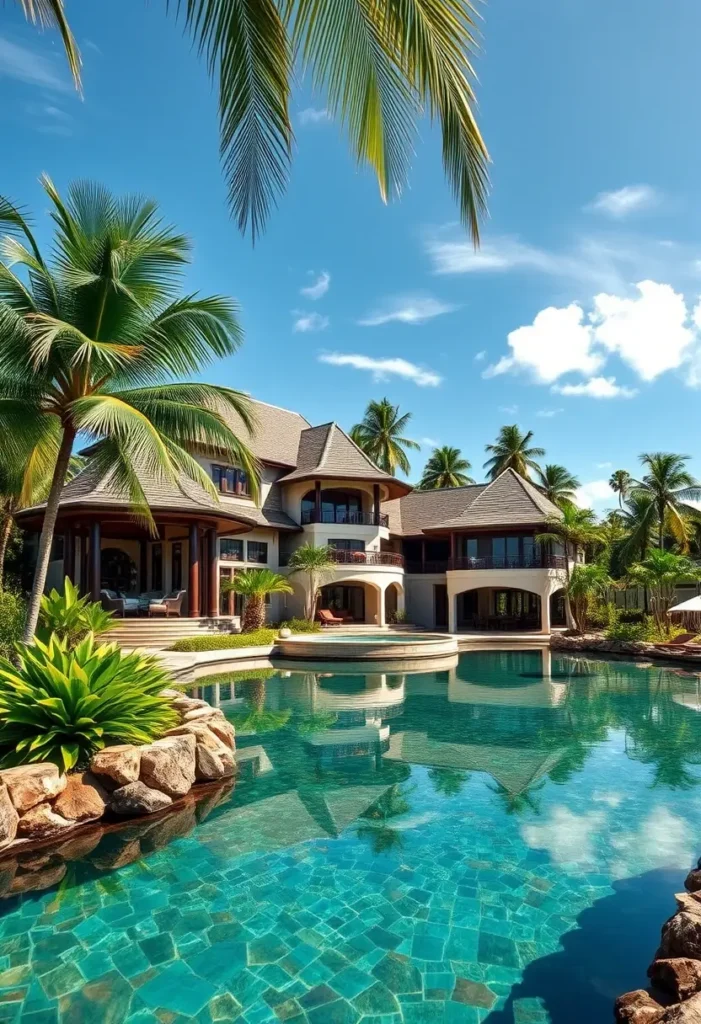 Tropical mansion with flowing architectural design, a turquoise pool, and lush greenery surrounded by palm trees.