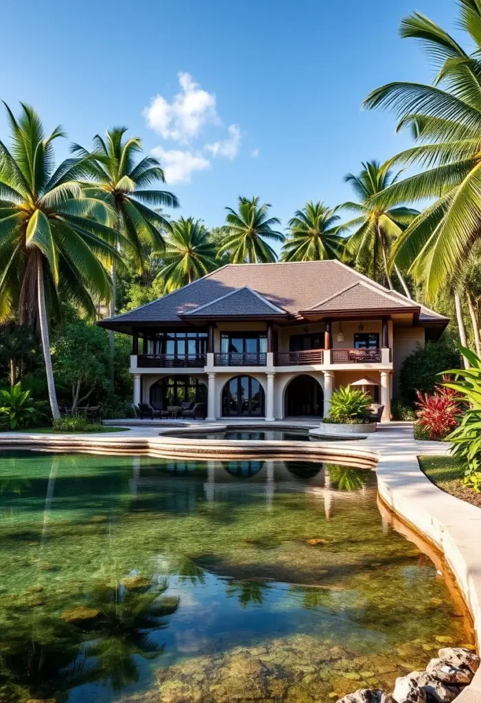 Tropical mansion with arched architecture, a reflective pool, and lush greenery surrounded by towering palm trees.