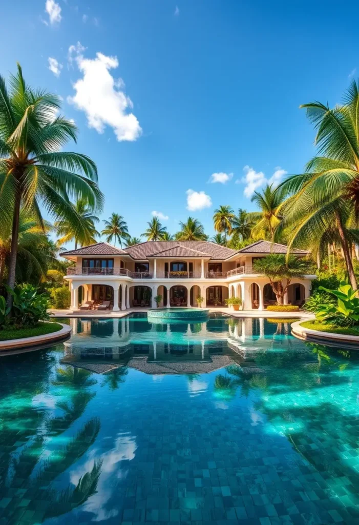 Tropical mansion with grand arches, a sparkling pool, and lush palm trees under a bright blue sky.