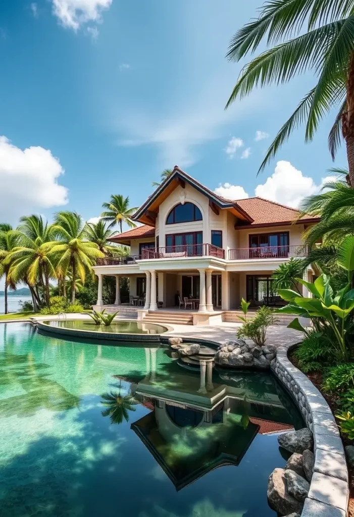 Tropical mansion with a red-tiled roof, arched architecture, lakefront views, and a serene pool surrounded by palm trees.