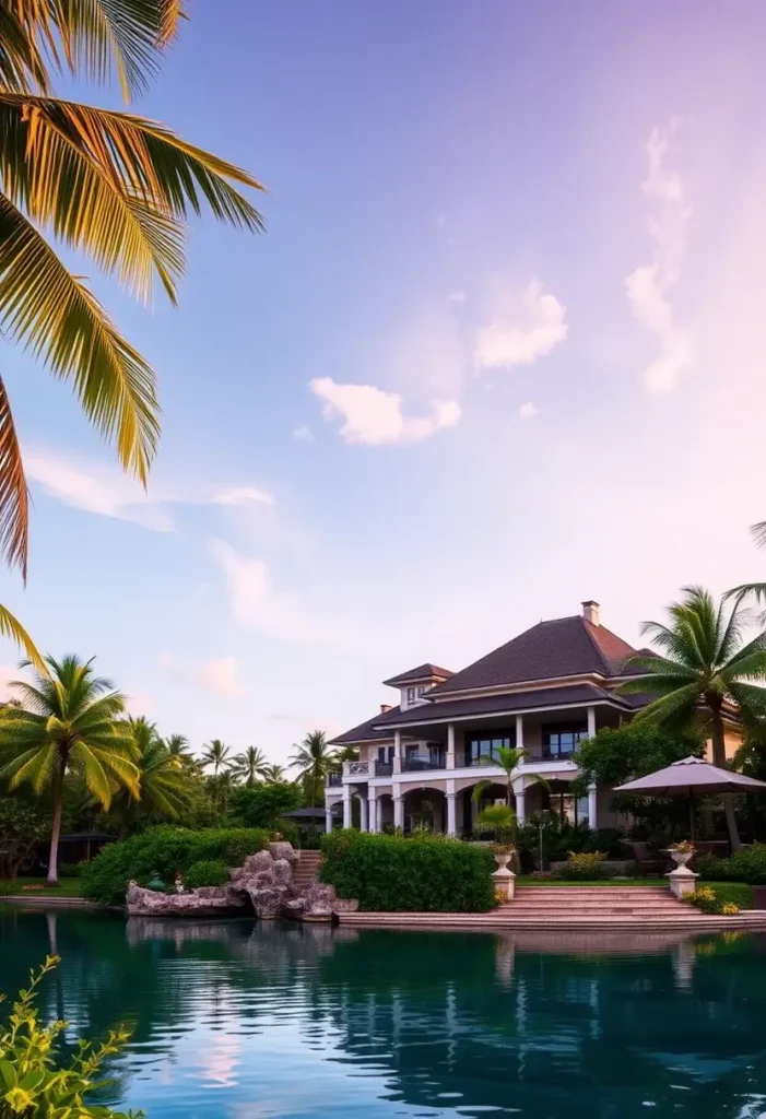 Tropical mansion at sunset with reflective waters, lush greenery, and soft pink and purple skies.