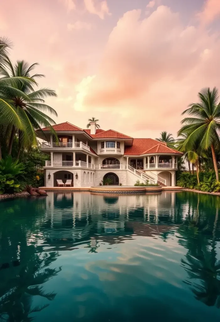 Tropical mansion with red-tiled roof, tranquil pool, and lush palm trees under warm sunset skies.