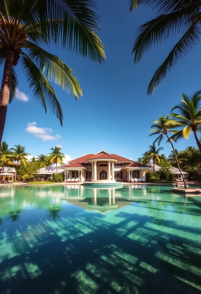 Tropical mansion with a red-tiled roof, columned facade, and a grand pool surrounded by palm trees under a bright blue sky.