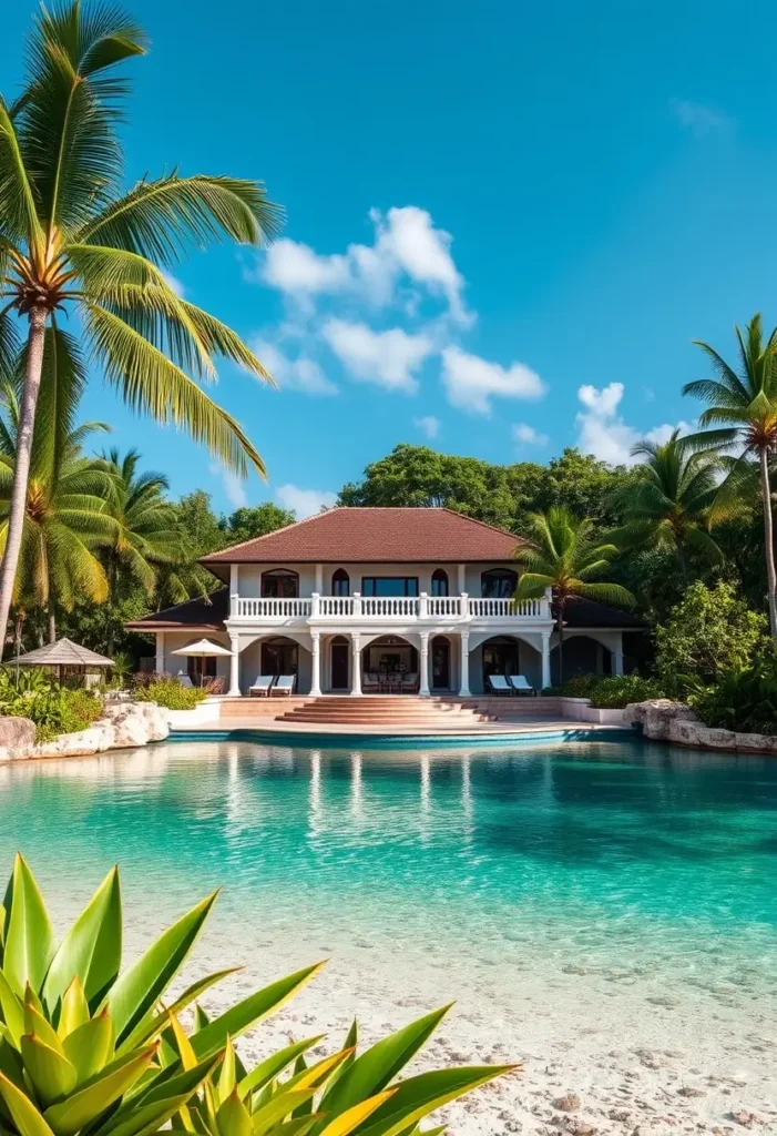 Tropical mansion with a red-tiled roof, turquoise waters, and sandy beachfront surrounded by palm trees. Luxurious Mansions