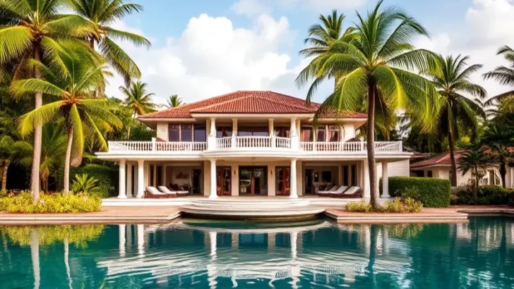 Tropical mansion with a red-tiled roof, spacious poolside, and lush greenery surrounded by palm trees. Luxurious Mansions