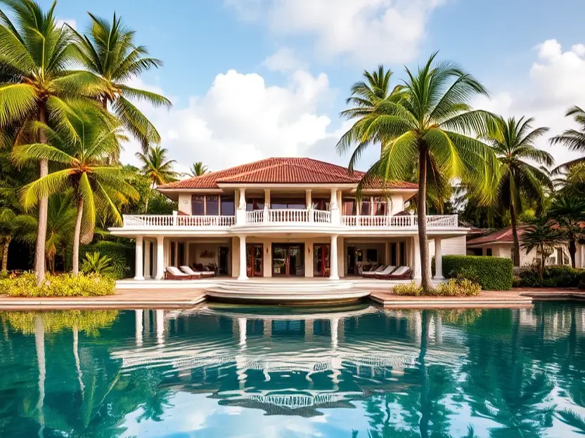 Tropical mansion with a red-tiled roof, spacious poolside, and lush greenery surrounded by palm trees. Luxurious Mansions