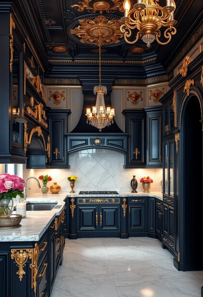 Luxurious black and gold kitchen with ornate details, marble countertops, and a crystal chandelier.