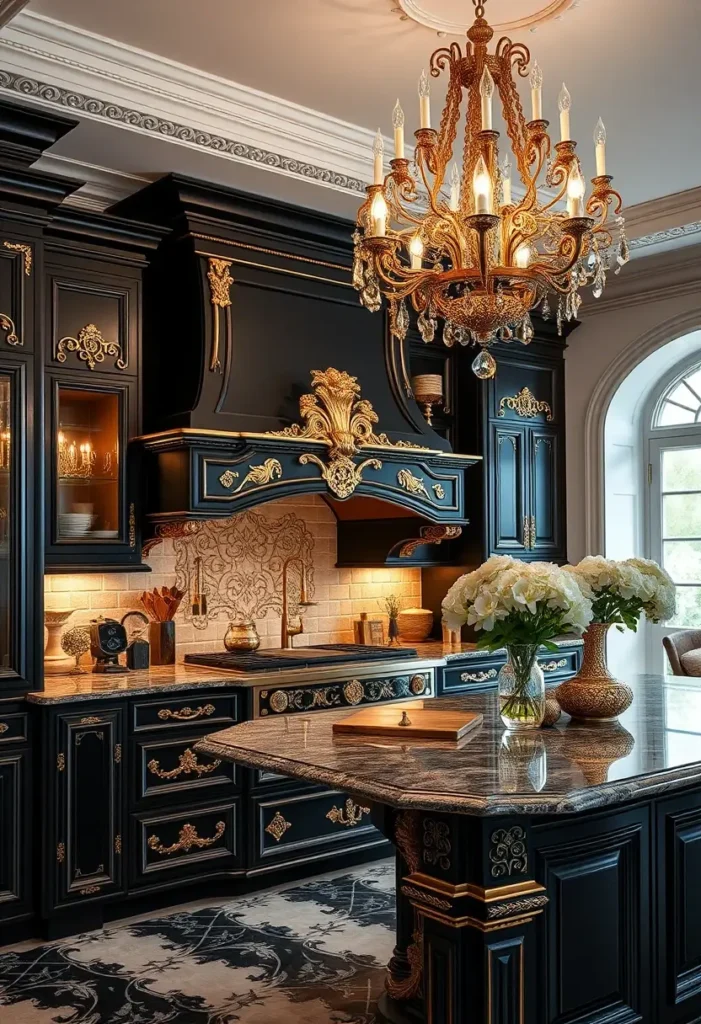 Luxurious black and gold kitchen with ornate moldings, marble counters, and a stunning chandelier.