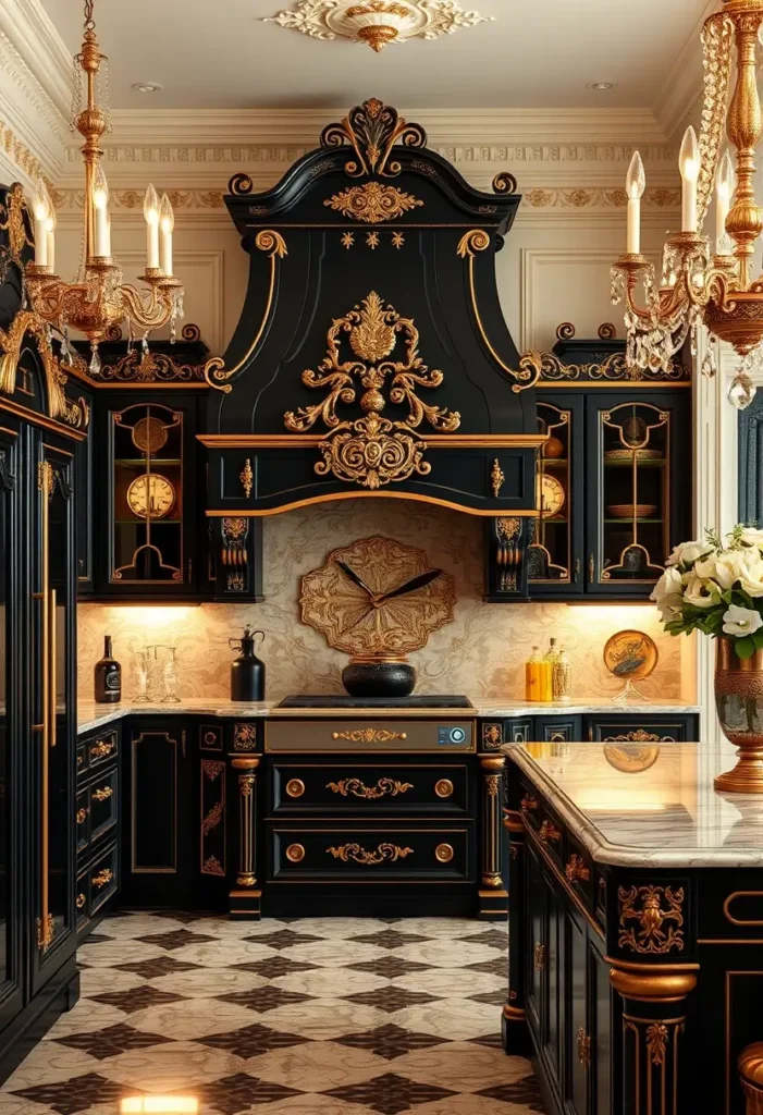 Black and gold luxury kitchen with ornate hood, intricate gold details, and chandeliers.