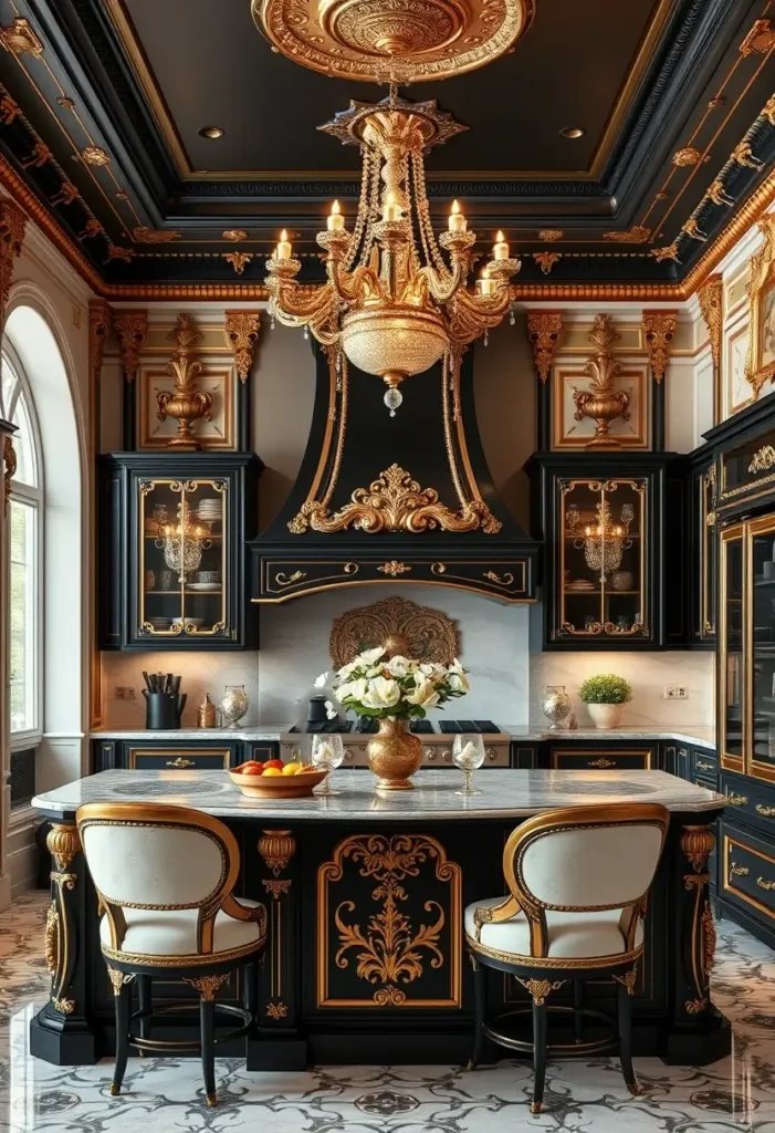 Elegant black and gold kitchen with chandelier, marble island, and ornate cabinetry.