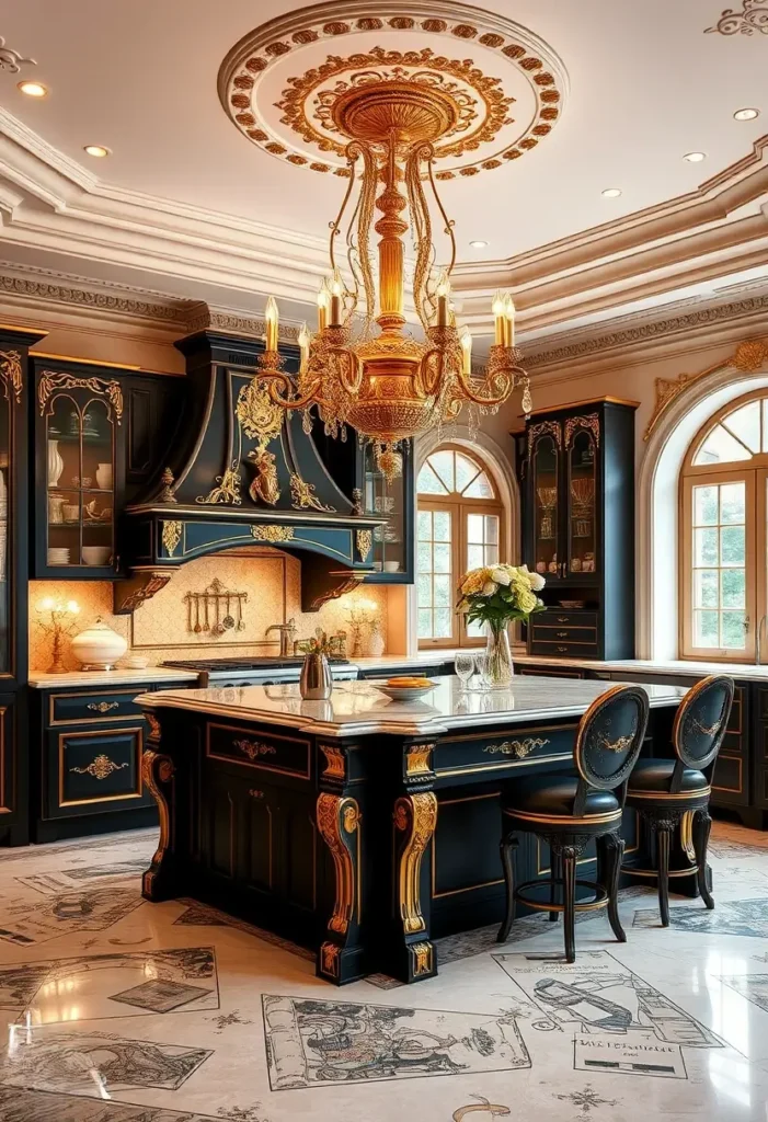 Luxury black and gold kitchen with chandelier, arched windows, and ornate marble flooring.