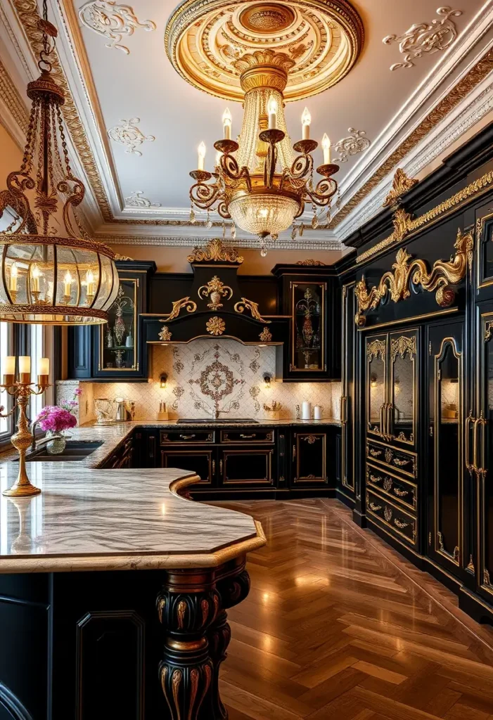 Luxury black and gold kitchen with chandeliers, marble countertop, and ornate cabinetry.