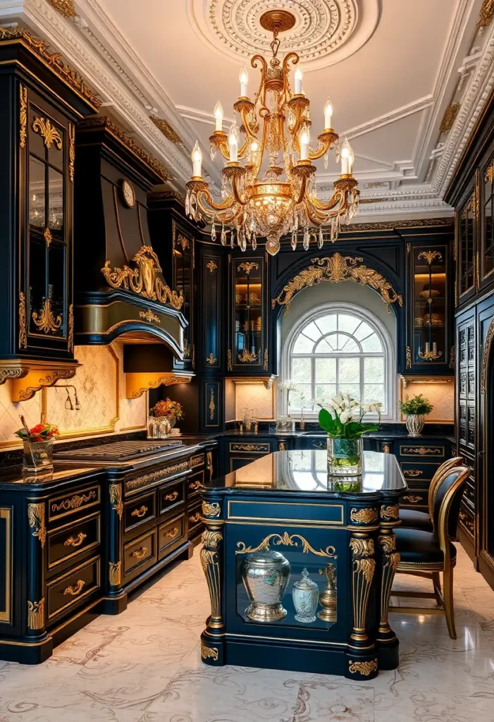 Luxury black and gold kitchen with arched window, chandelier, and ornate island.