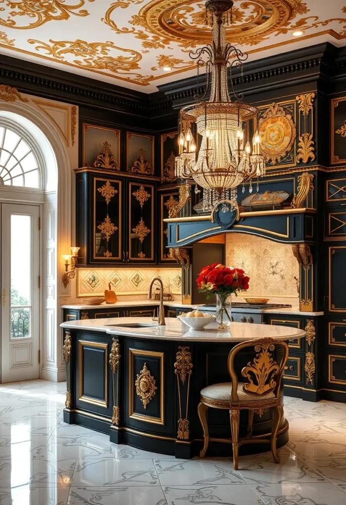 Luxury black and gold kitchen with chandelier, ornate ceiling, and rounded island.