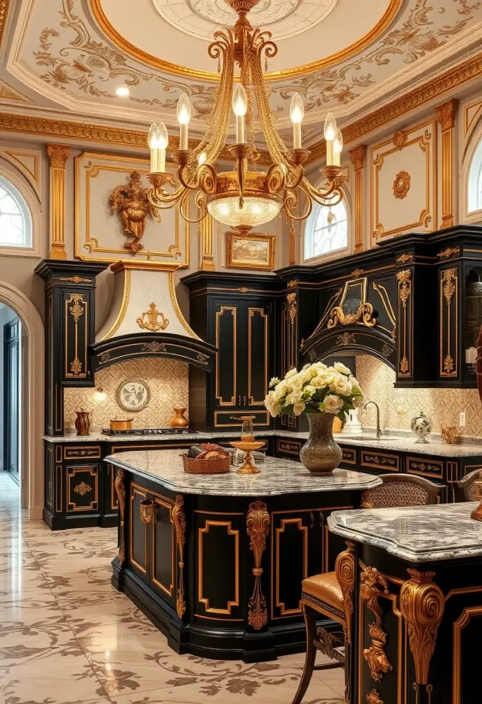 Luxury black and gold kitchen with ornate chandelier, decorative hood, and sculpted island.