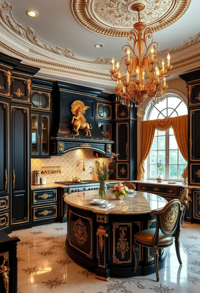 Luxury black and gold kitchen with golden centaur hood, chandelier, and rounded island.