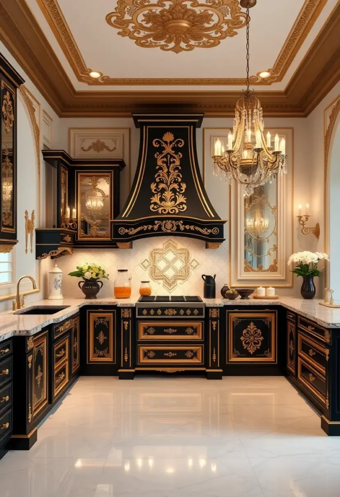 Luxury black and gold kitchen with ornate hood, chandelier, and marble countertops.