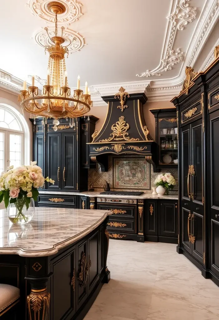 Luxury black and gold kitchen with ornate hood, marble island, and intricate chandelier.