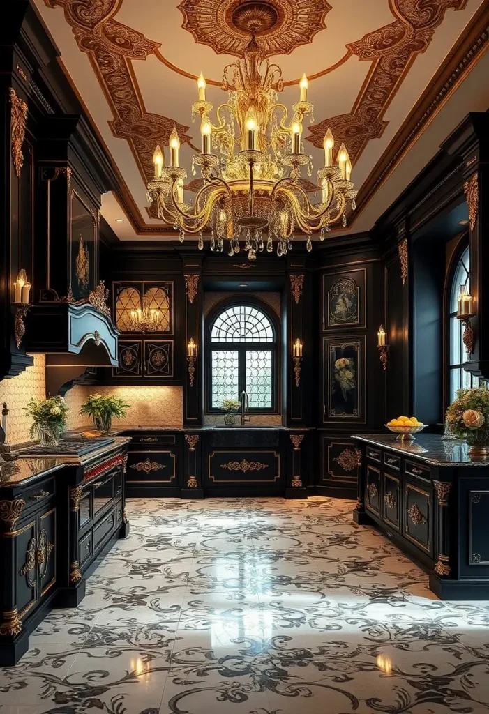 Luxury black and gold kitchen with arched window, chandelier, and ornate floor tiles.