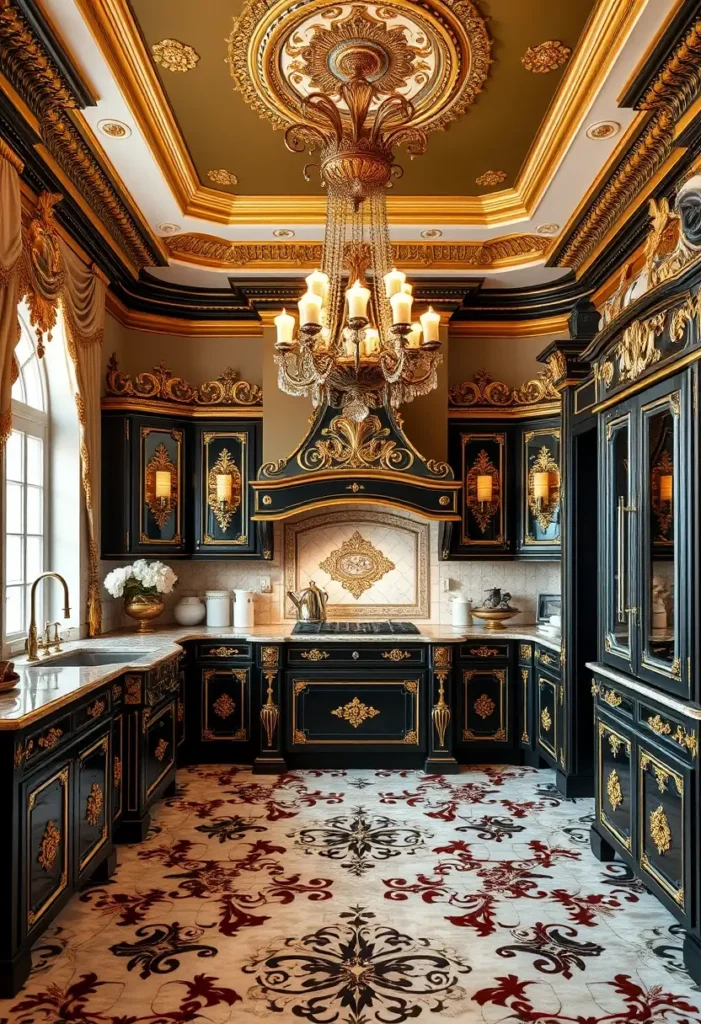 Luxury black and gold kitchen with ornate chandelier, bold patterned flooring, and gold-trimmed cabinetry.