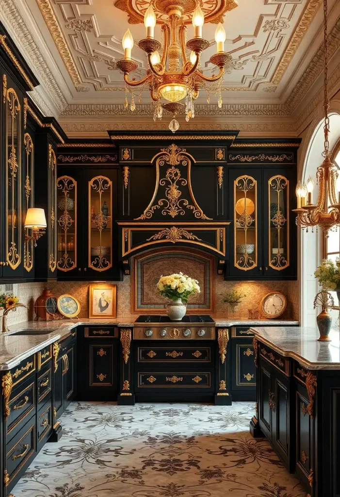 Luxury black and gold kitchen with ornate cabinetry, vintage backsplash, and chandelier.