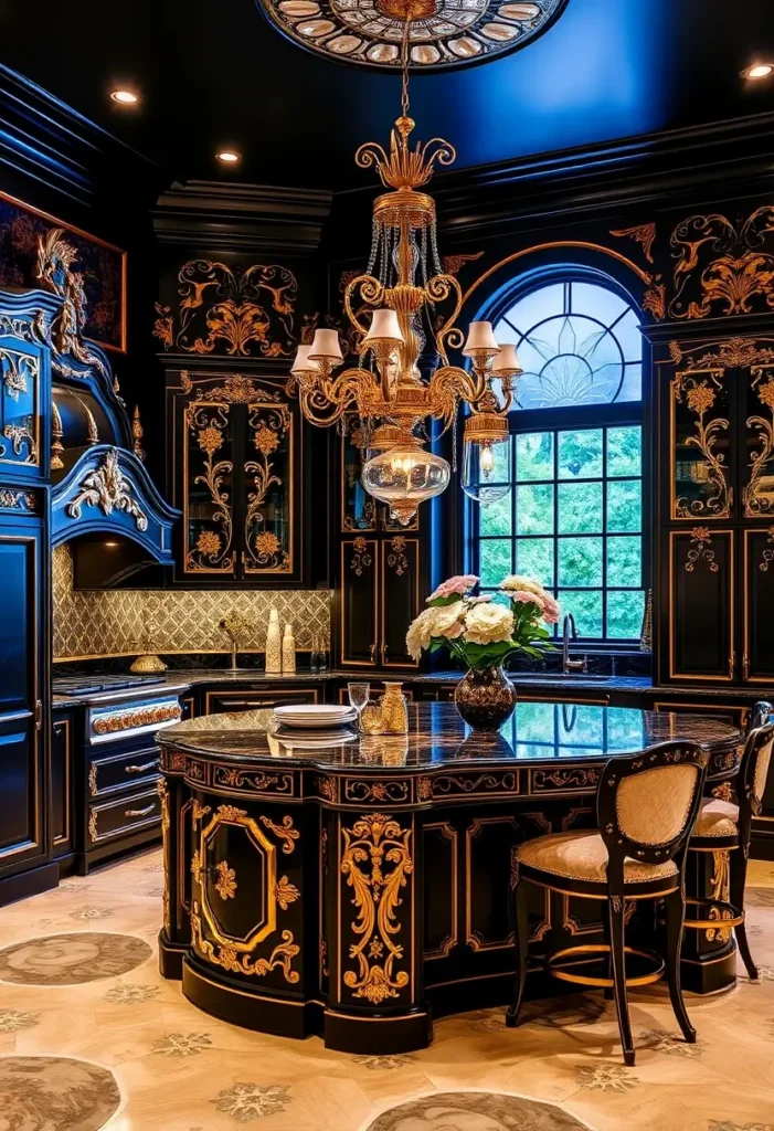 Luxury black and gold kitchen with ornate chandelier, detailed island, and arched window.