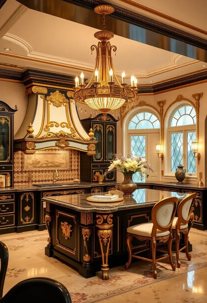 Luxury black and gold kitchen with grand chandelier, ornate hood, and arched windows.