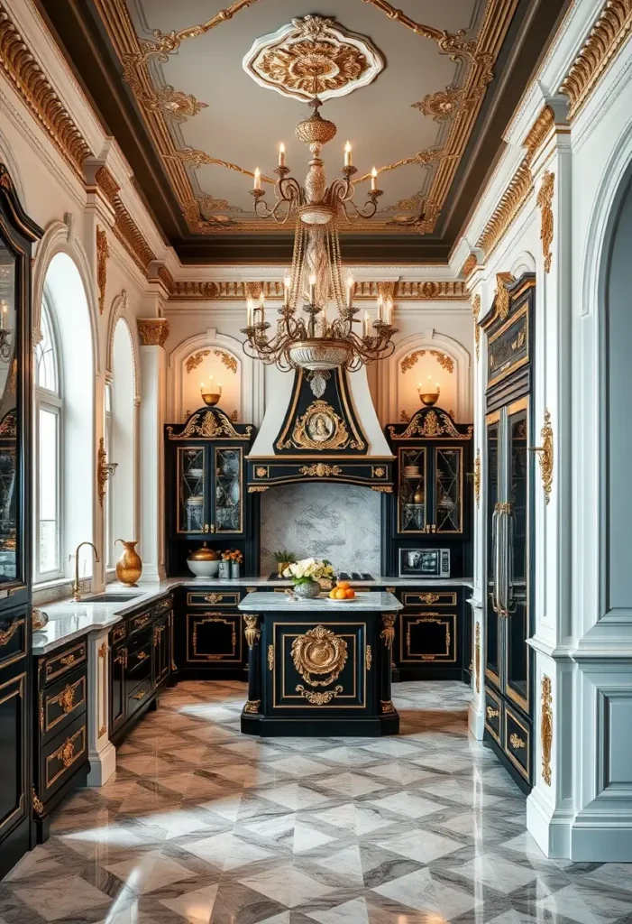 Luxury black and gold kitchen with chandelier, arched windows, and marble floors.