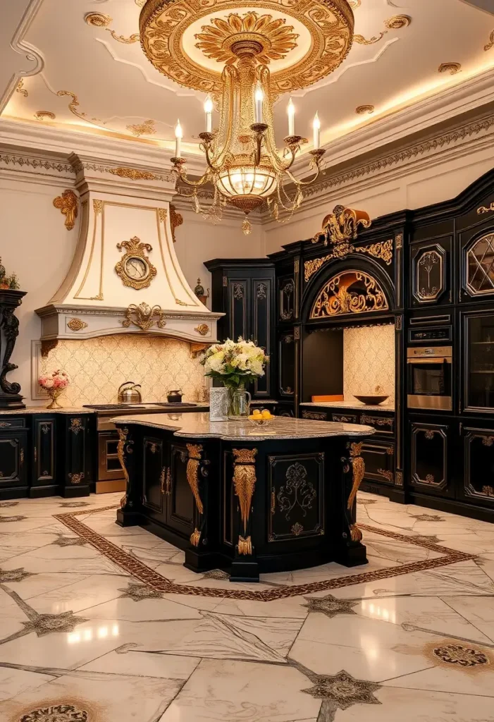 Luxury black and gold kitchen with white hood, marble floor, and ornate chandelier.