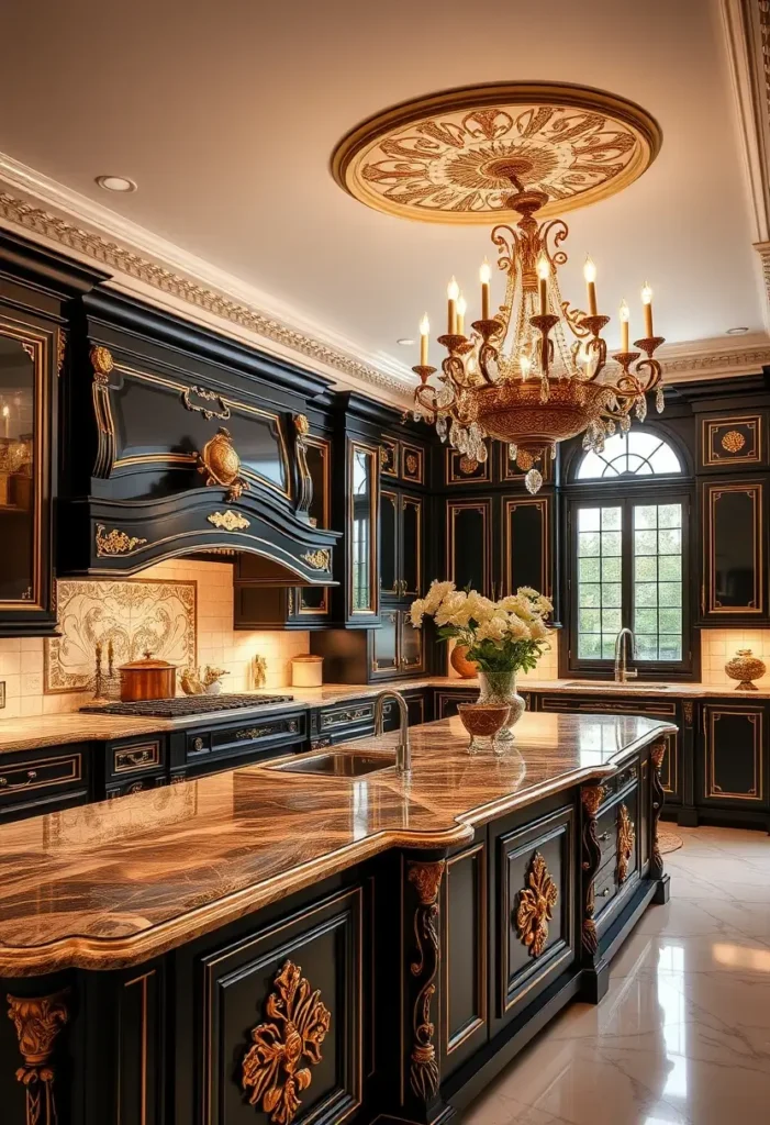 Luxury black and gold kitchen with marble island, ornate hood, and chandelier. Luxury Black and Gold Kitchen Designs