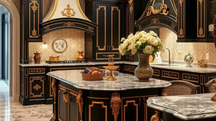 Luxury black and gold kitchen with ornate chandelier, decorative hood, and sculpted island. II