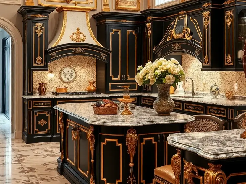 Luxury black and gold kitchen with ornate chandelier, decorative hood, and sculpted island. II