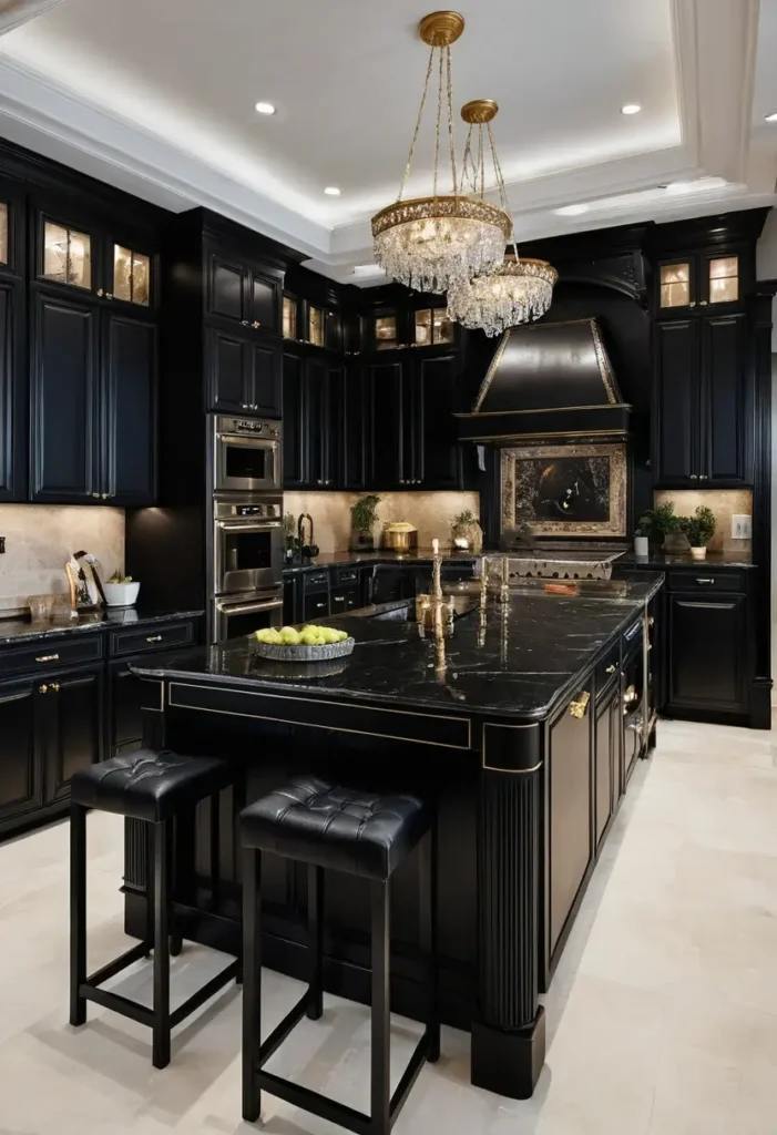 Luxurious black kitchen with gold accents, marble countertops, and crystal chandeliers for a sophisticated look.