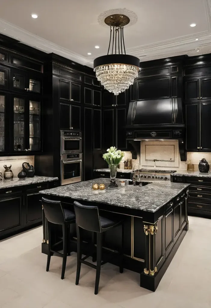 Luxury black kitchen with a crystal chandelier, gold accents, and a textured stone island for a sophisticated design.