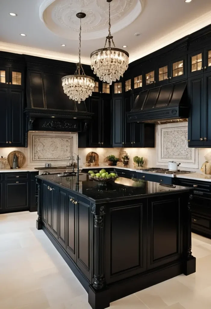 Luxury black kitchen with intricate moldings, crystal chandeliers, and a polished black island for a regal aesthetic.