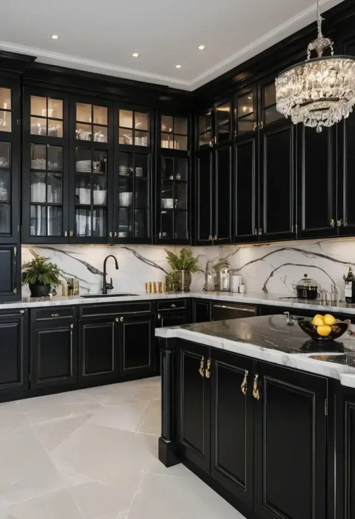 Luxury black kitchen with glass-front cabinets, marble countertops, gold hardware, and greenery accents for a refined look.