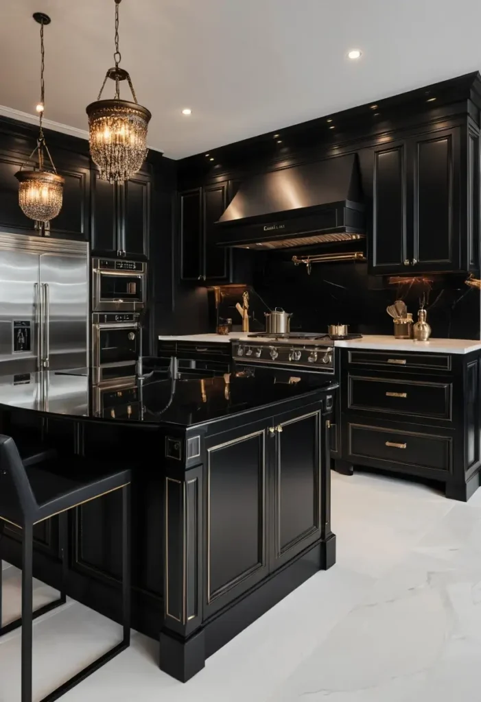 Luxury black kitchen with gold hardware, polished black island, and modern pendant lighting for a sophisticated design.