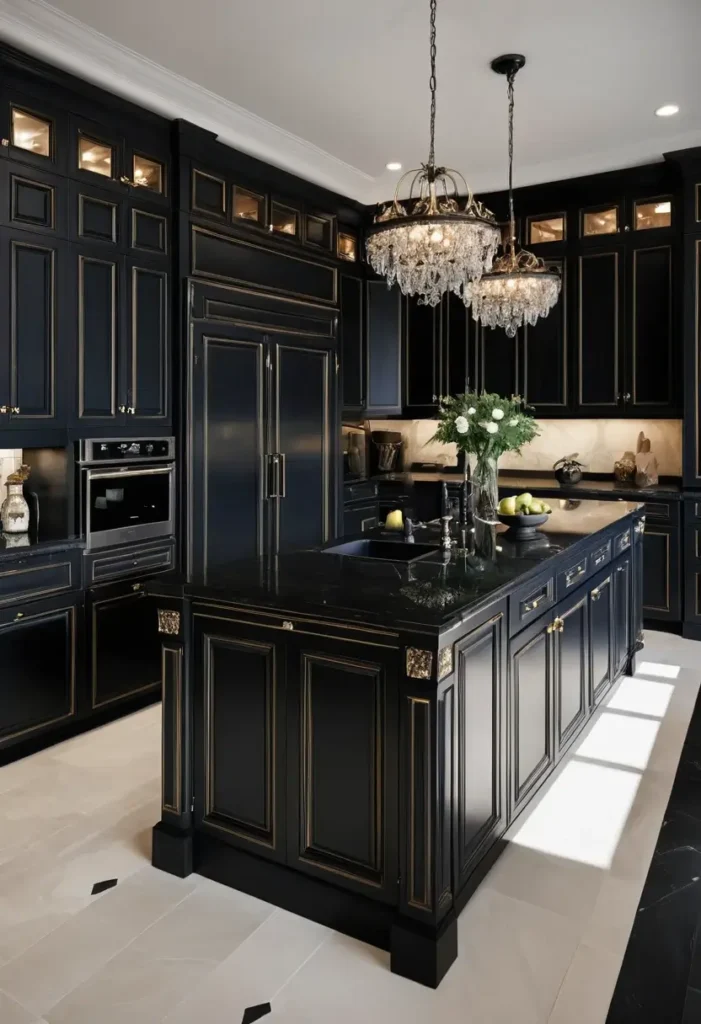 Luxury black kitchen with gold accents, crystal chandeliers, and a polished black island for an ornate and elegant design.