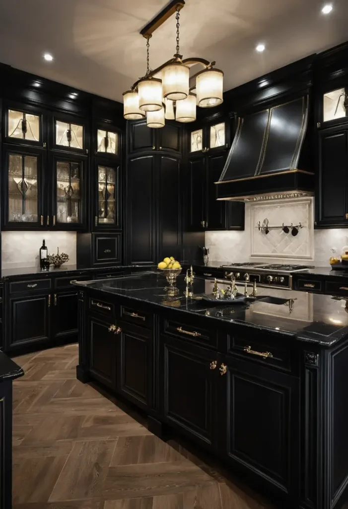 Luxury black kitchen with warm pendant lighting, gold hardware, polished island, and wood flooring for a cozy yet refined design.