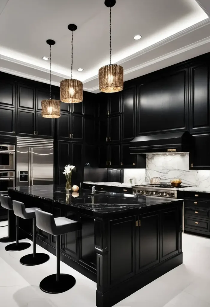 Luxury black kitchen with marble backsplash, polished island, and warm pendant lighting for a sleek and modern design.