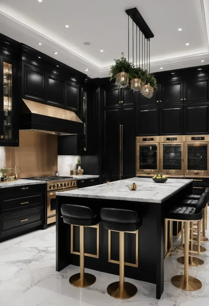 Luxury black kitchen with gold accents, marble island, and greenery-adorned pendant lighting for a sophisticated design.