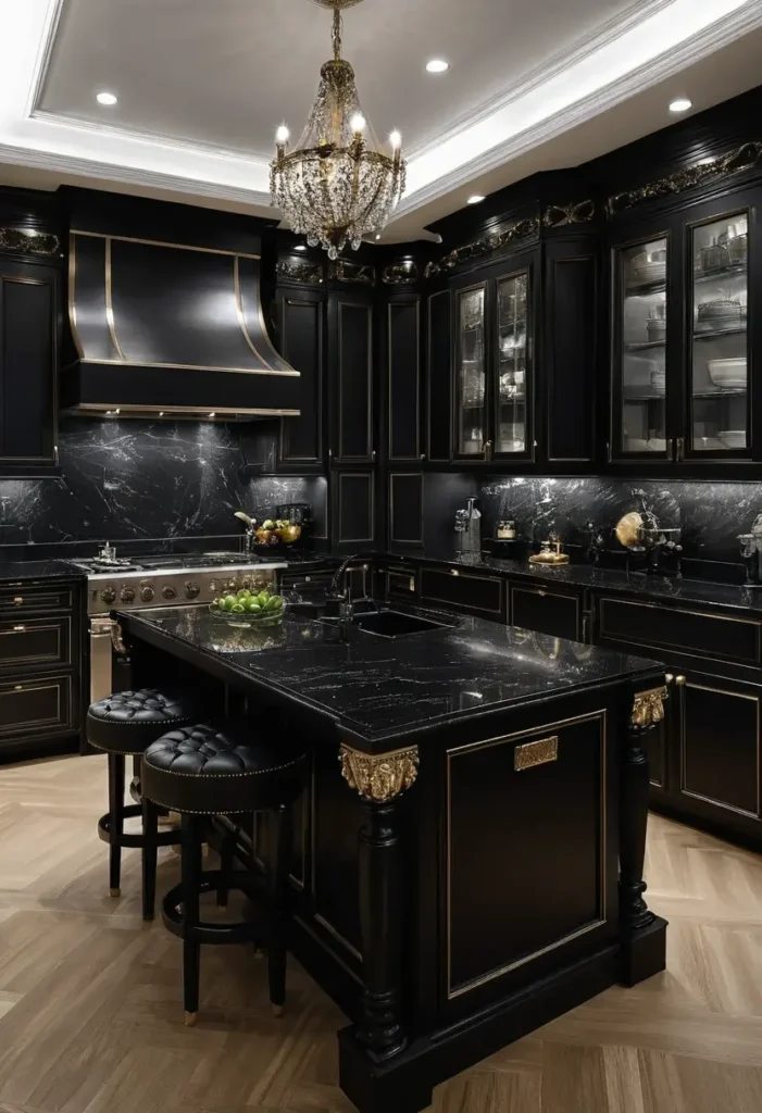 Luxury black kitchen with gold detailing, chandelier, marble backsplash, and tufted bar stools for a royal and elegant look.