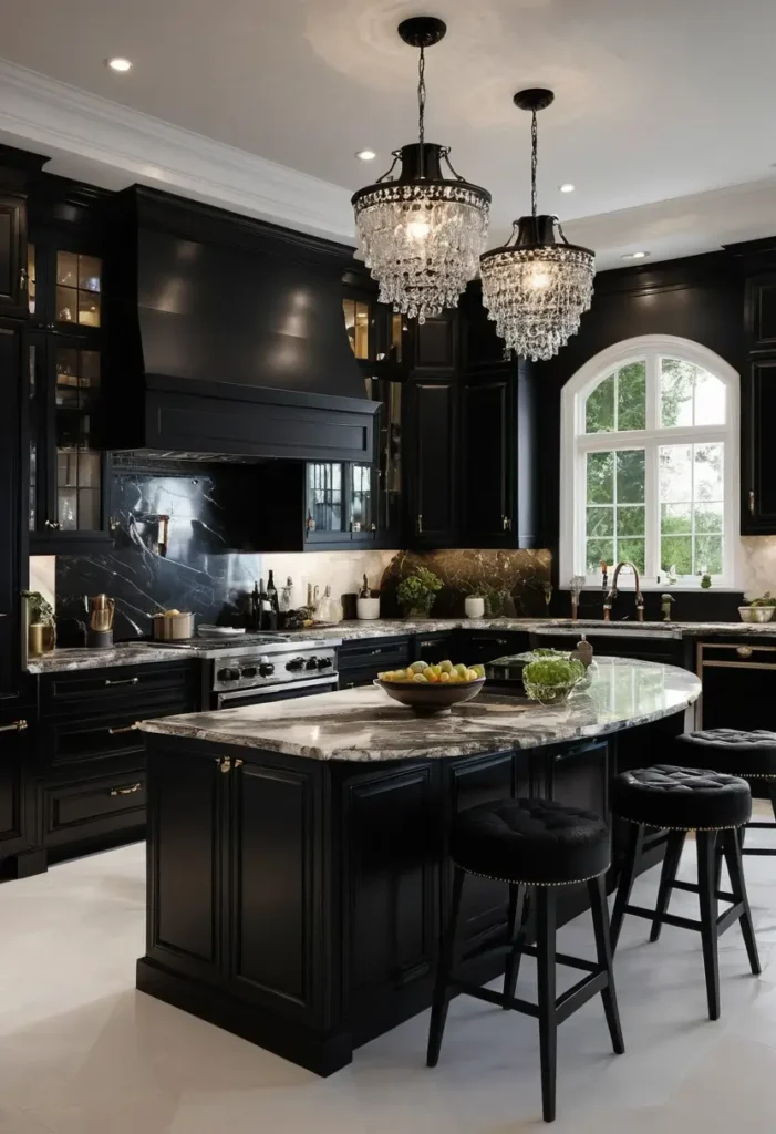 Luxury black kitchen with marble countertops, crystal chandeliers, and an arched window for a timeless and elegant design.