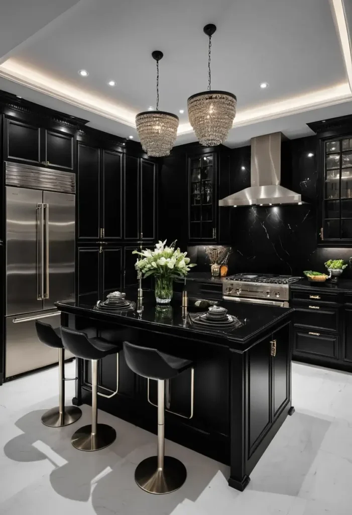 Luxury black kitchen with stainless steel appliances, crystal pendant lights, and a polished island for a sleek and modern design.