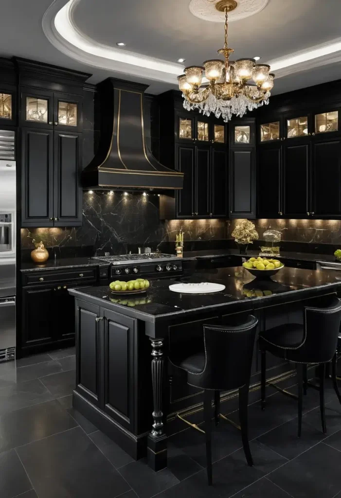 Luxury black kitchen with a gold-trimmed range hood, ornate chandelier, and polished stone surfaces for an elegant design.