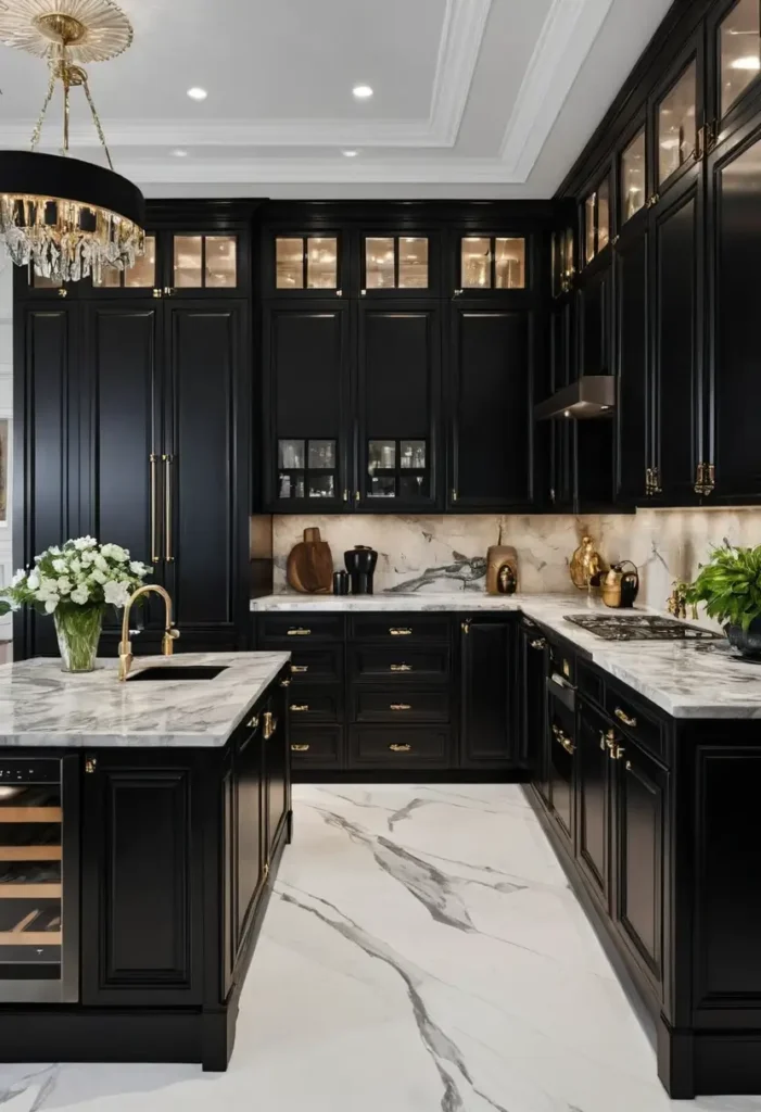 Luxury black kitchen with marble countertops, gold hardware, and crystal pendant lighting for an elegant and timeless design.