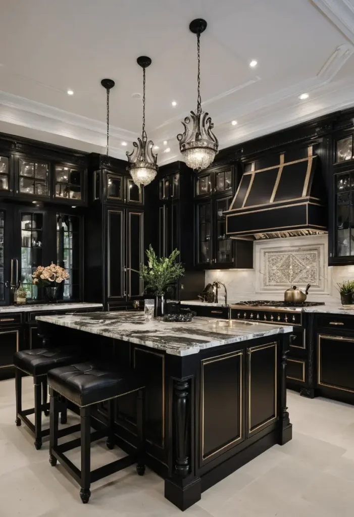 Luxury black kitchen with gold-trimmed cabinetry, ornate pendant lights, and marble countertops for an opulent design.