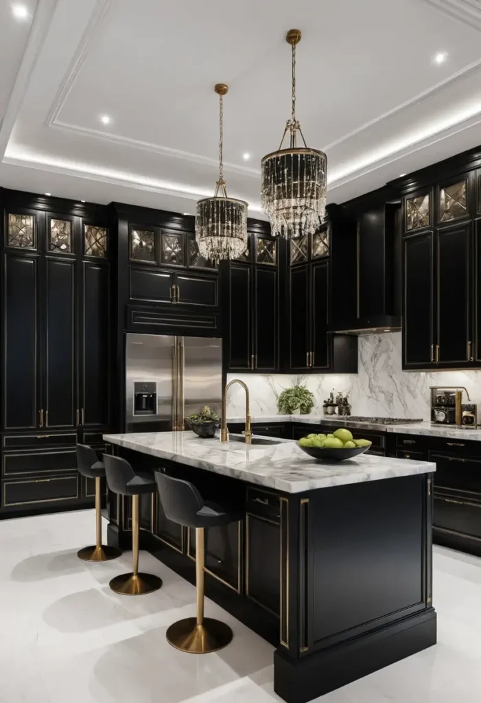 Luxury black kitchen with marble countertops, crystal chandeliers, and gold-trimmed cabinetry for a sleek and elegant design.