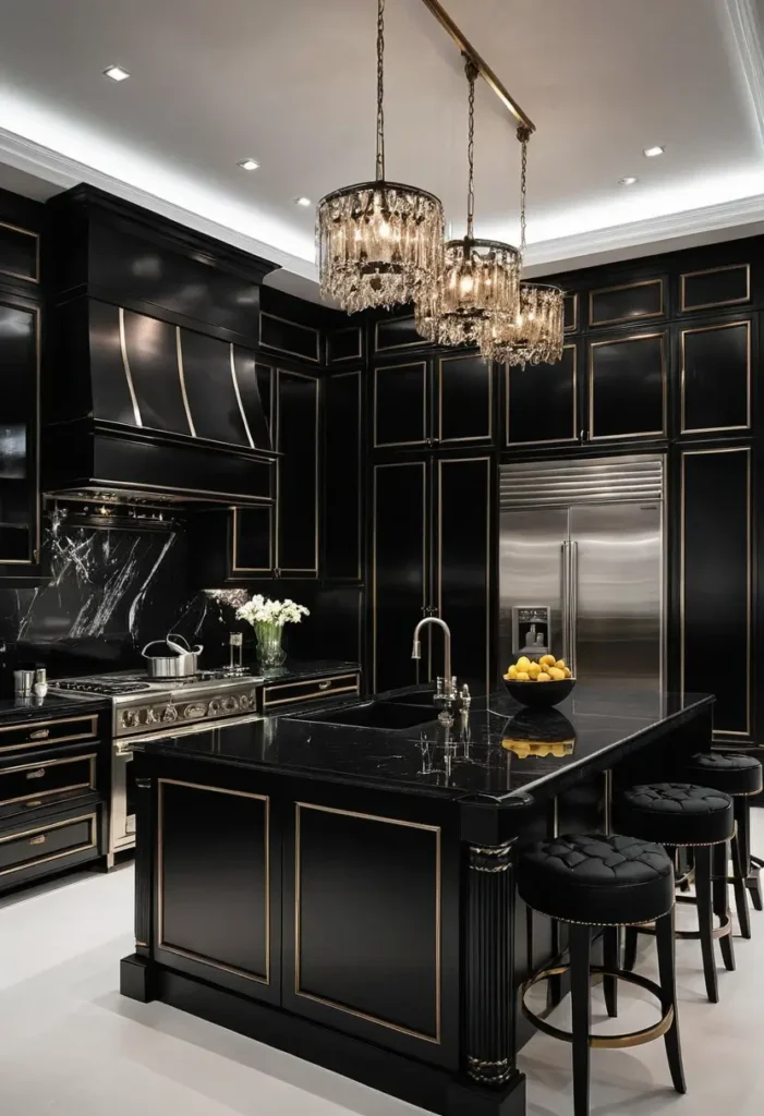 Luxury black kitchen with gold accents, marble backsplash, triple crystal chandeliers, and tufted bar stools for a refined design.