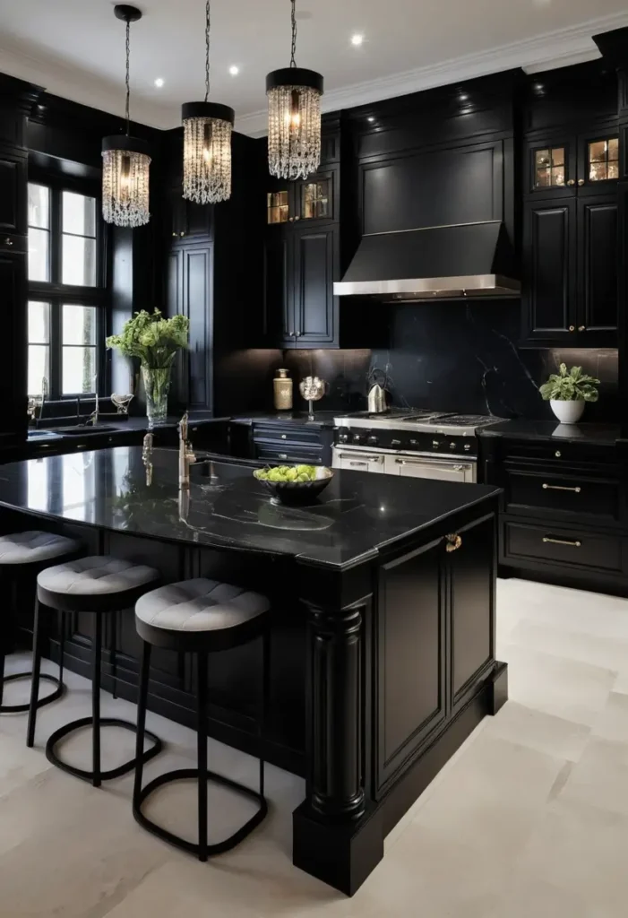 Luxury black kitchen with crystal pendant lights, glossy island, and tufted bar stools for a sophisticated and elegant design.